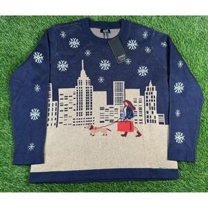 Jones New York Sweater Winter City Scene Lady Walking Dachshund Medium NEW